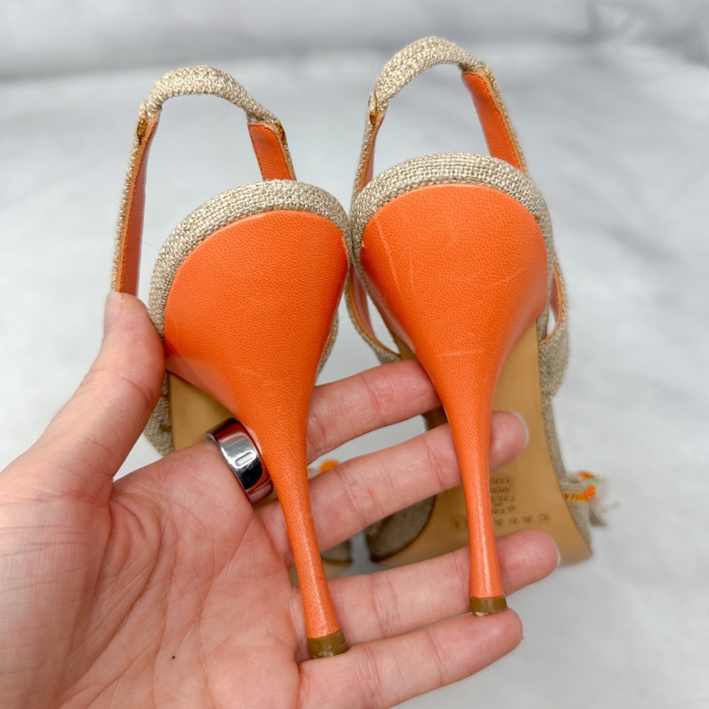 CASADEI Vintage Y2K Shell Beaded Burlap Canvas Leather Slingback Heels 2000s 8.5 - Picture 8 of 16